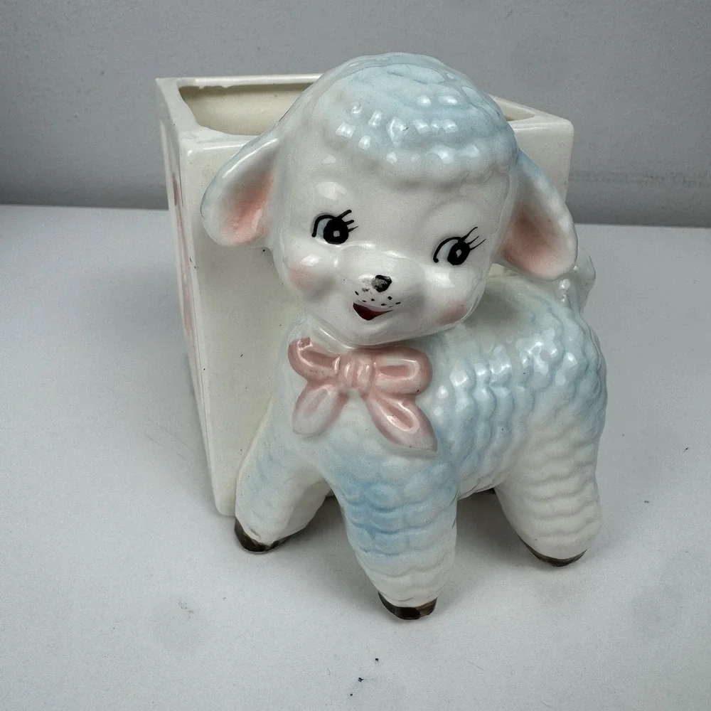 Vtg Inarco‎ Japan Baby Lamb Planter ABC Block Nursery Kitsch 1950s
